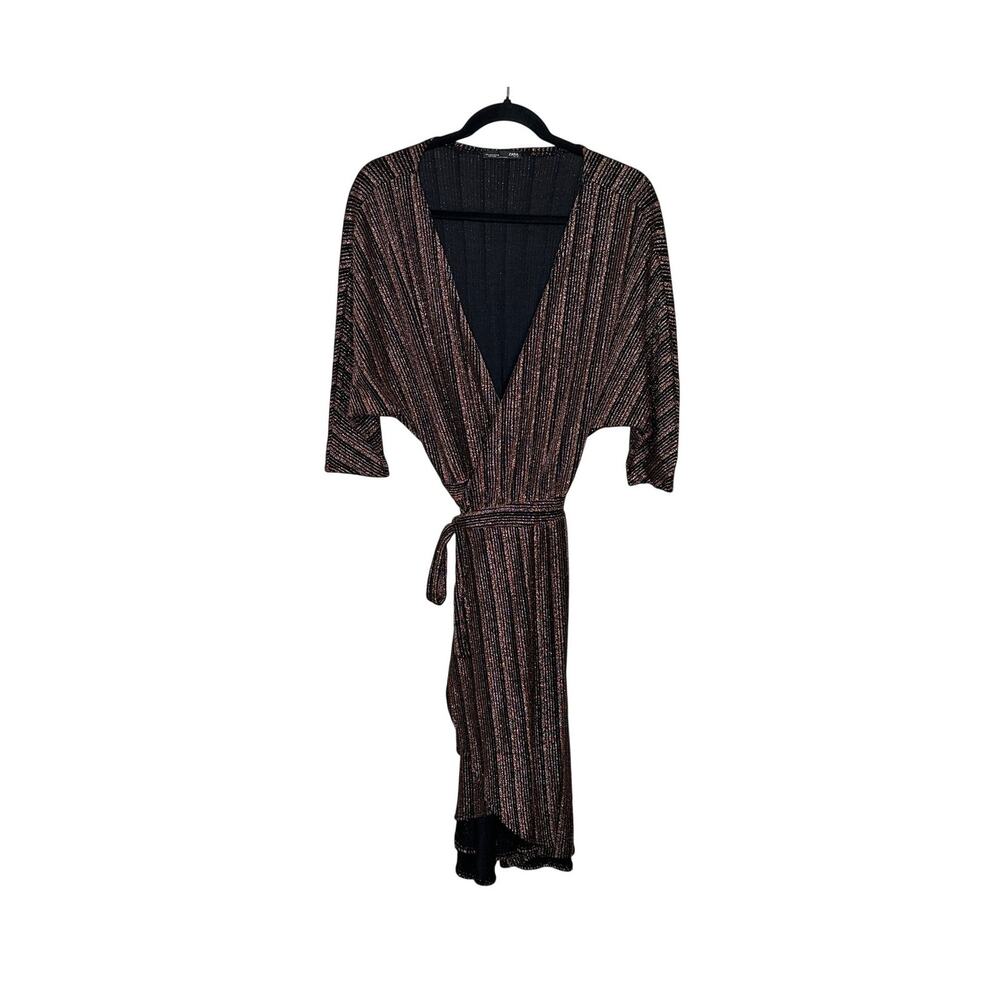 Zara Metallic Copper Black Wrap Dress Women L Midi Short Sleeve V-Neck Party NYE